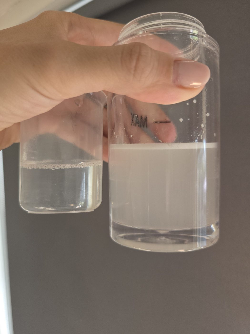 HydroDiamond solution before and after treatment, showing impurities removed